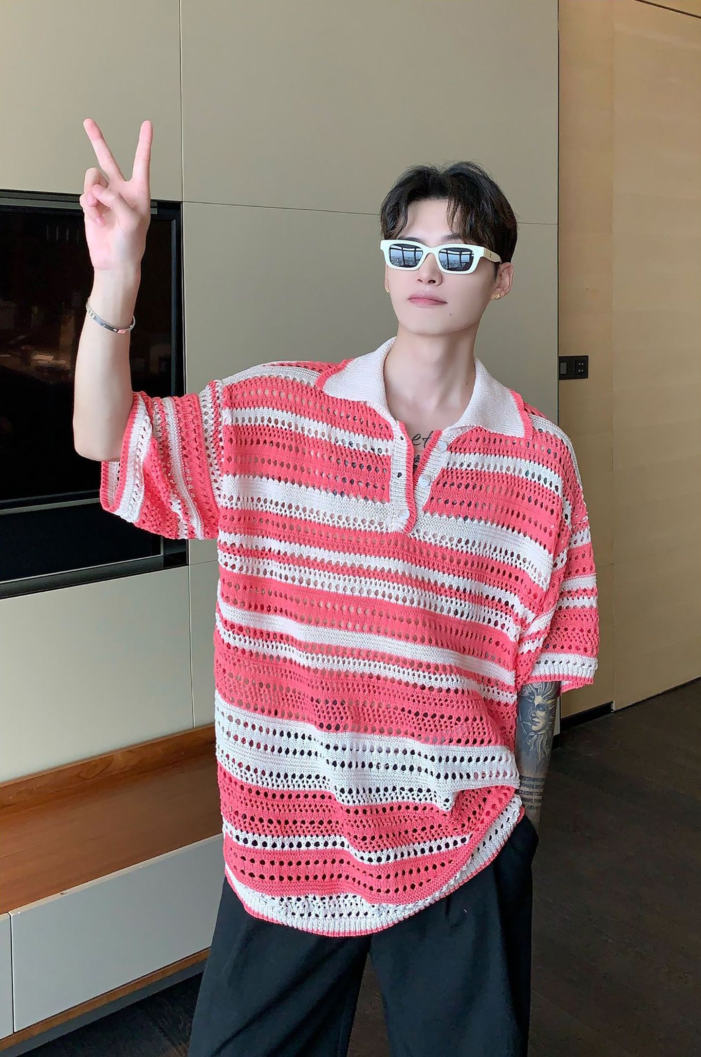 Men Striped Polo Collar Oversized T-shirt