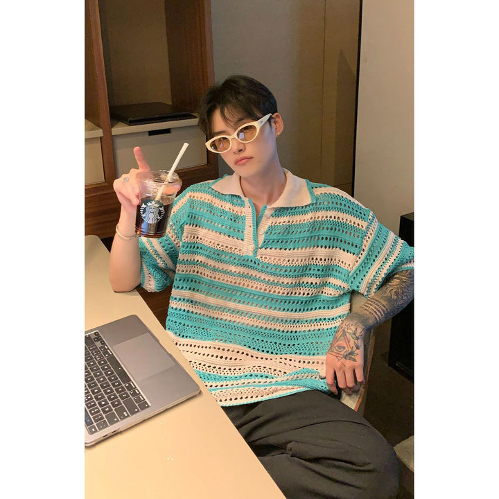 Men Striped Polo Collar Oversized T-shirt