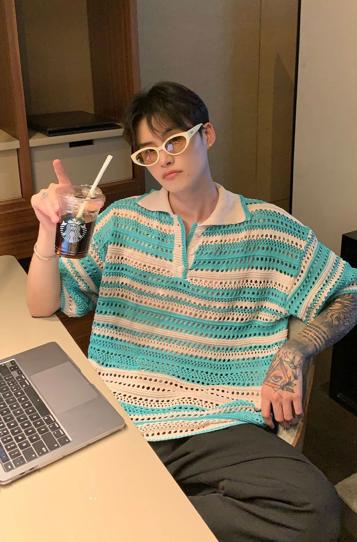 Men Striped Polo Collar Oversized T-shirt