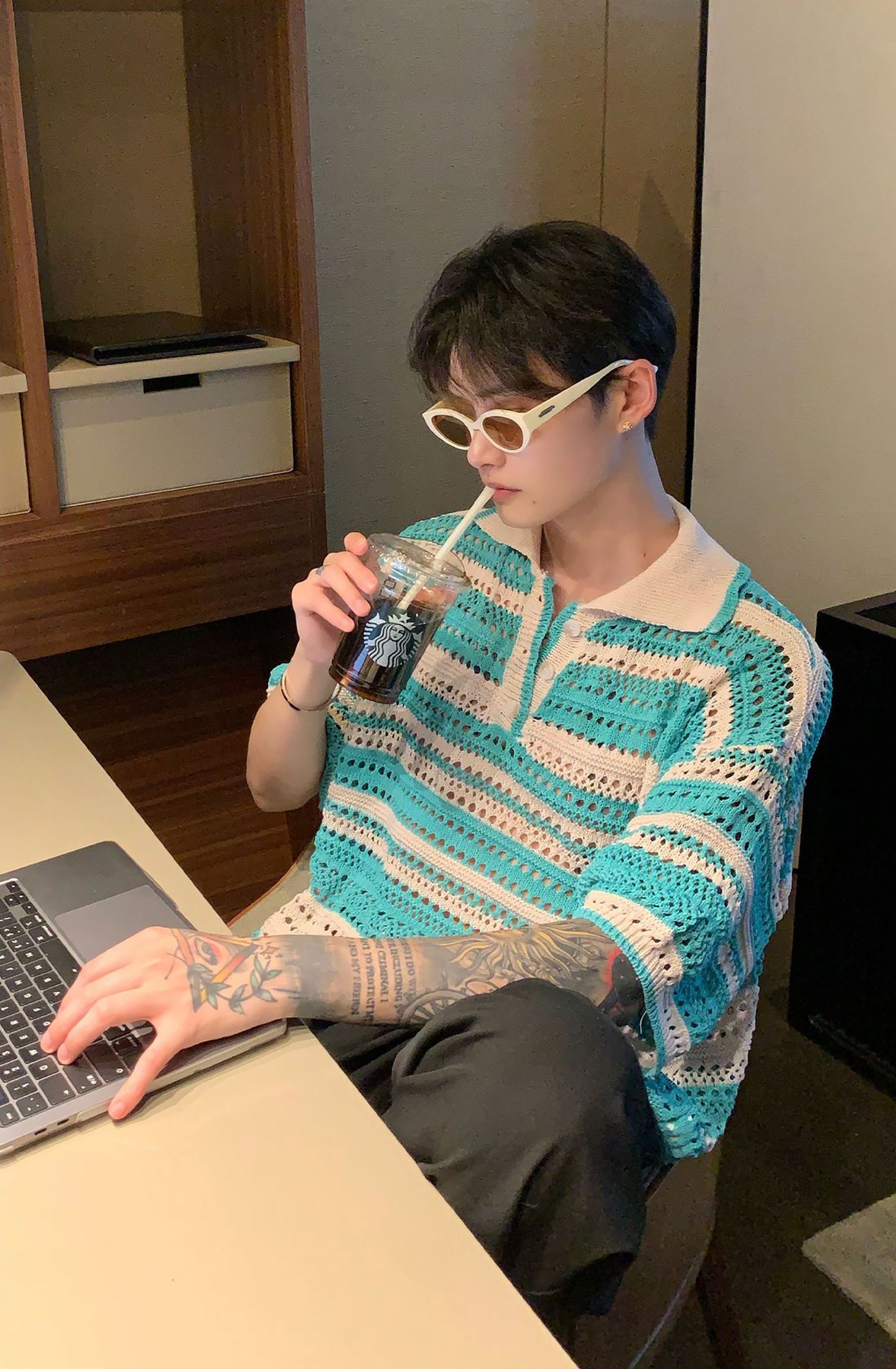 Men Striped Polo Collar Oversized T-shirt