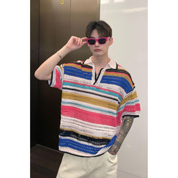 Men Striped Polo Collar Oversized T-shirt