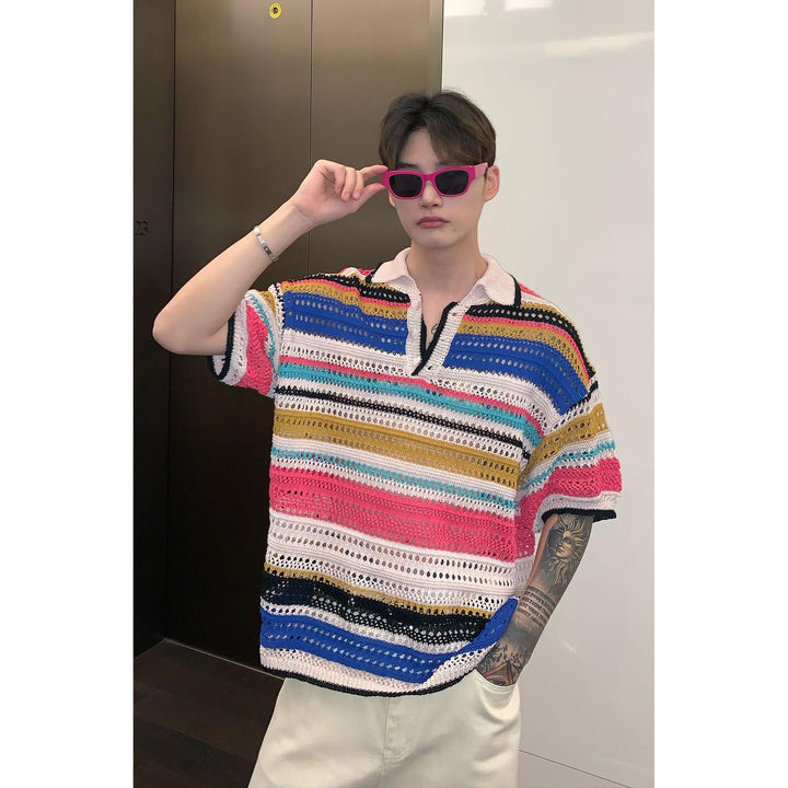 Men Striped Polo Collar Oversized T-shirt