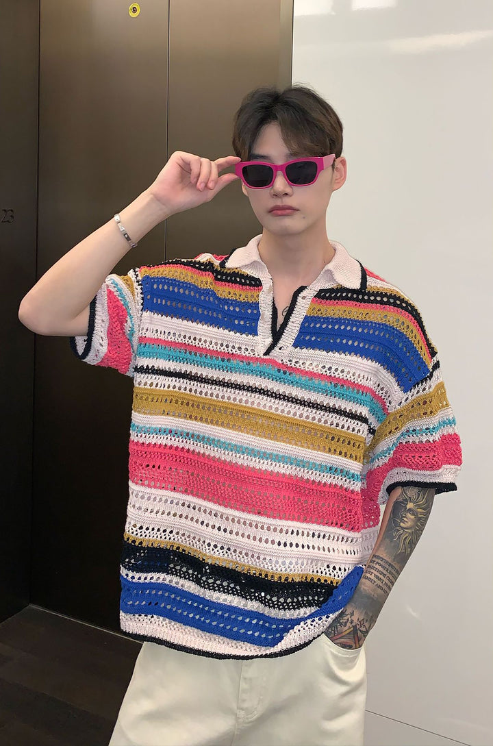 Men Striped Polo Collar Oversized T-shirt