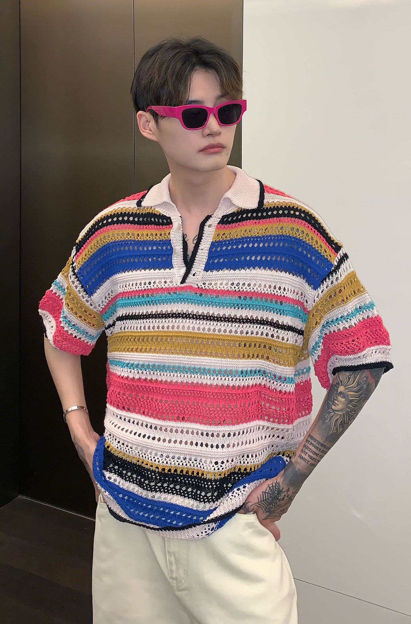 Men Striped Polo Collar Oversized T-shirt