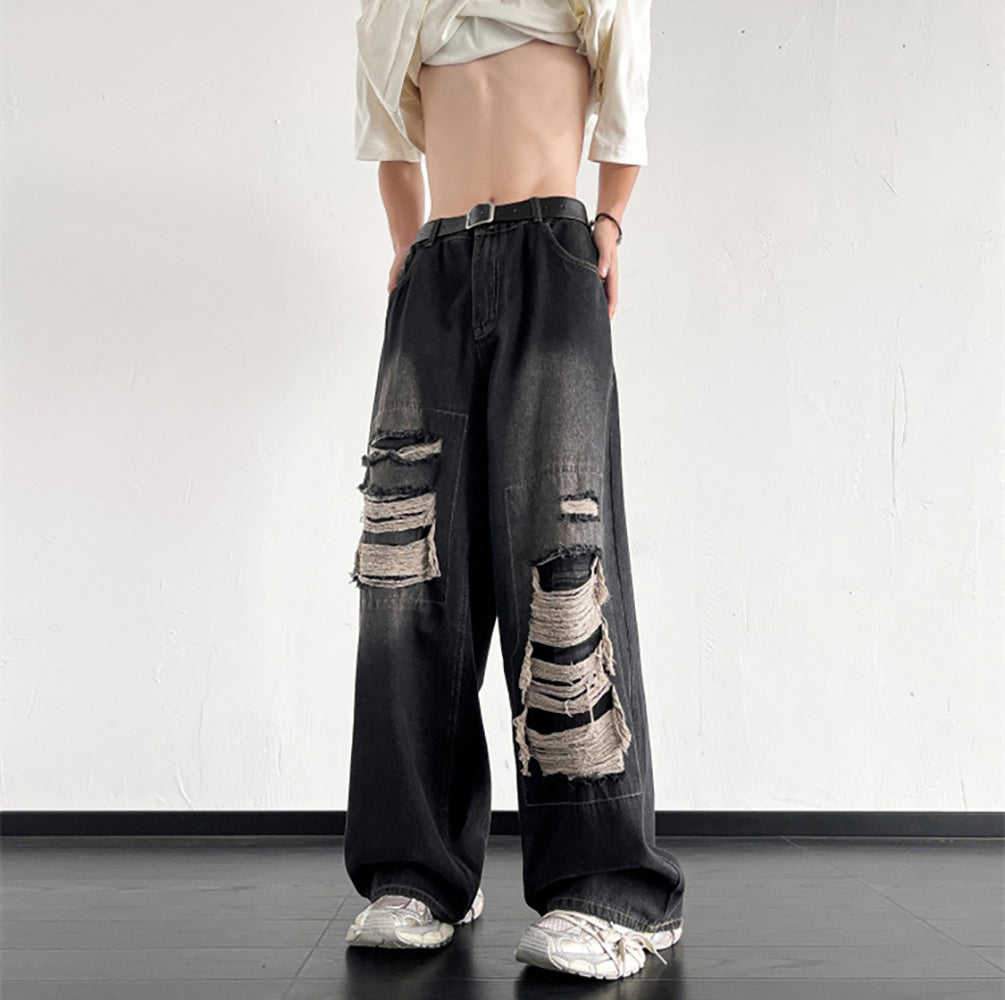 Men Wide Leg Mildly Distressed Light Fade Jeans