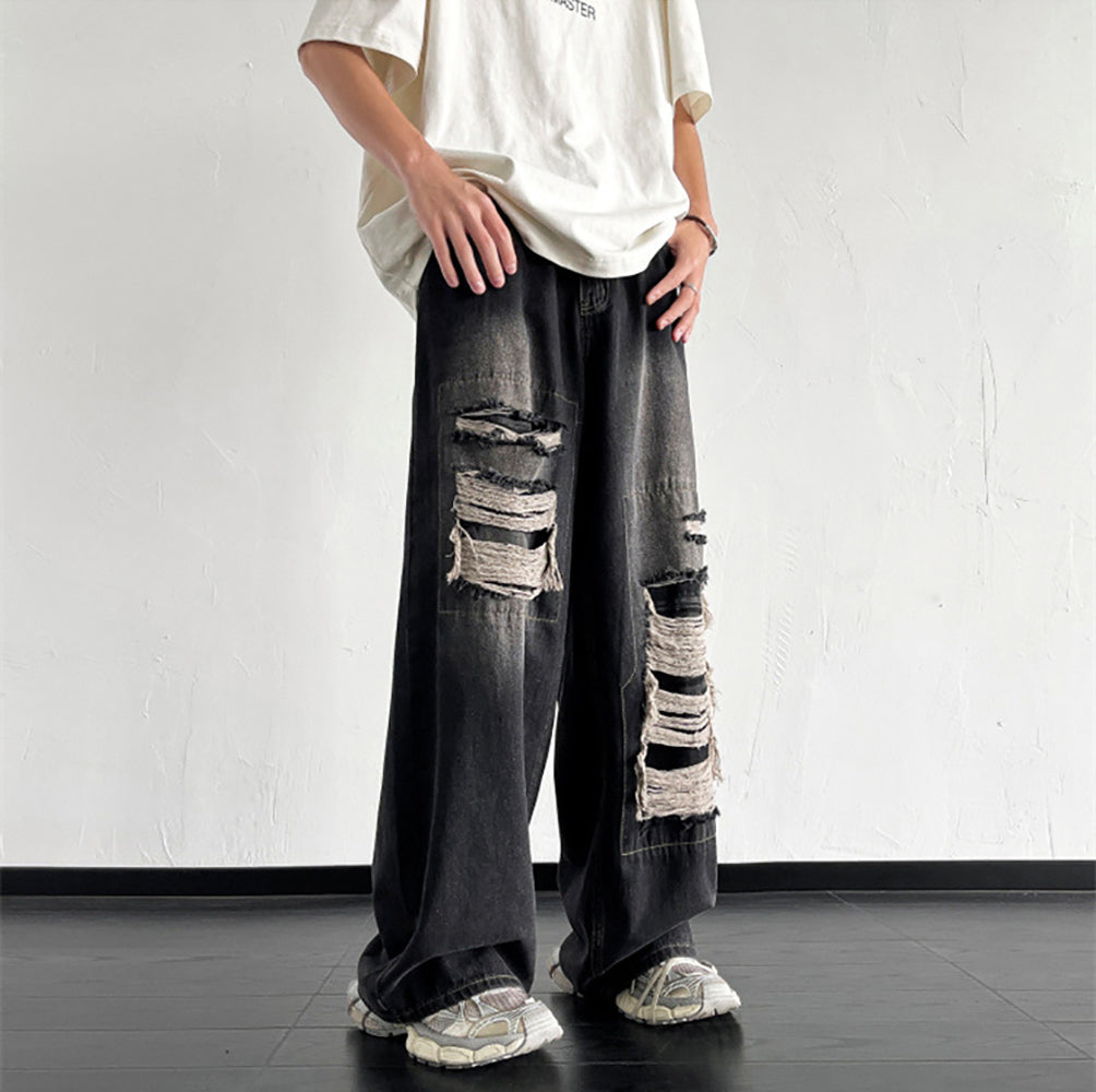 Men Wide Leg Mildly Distressed Light Fade Jeans