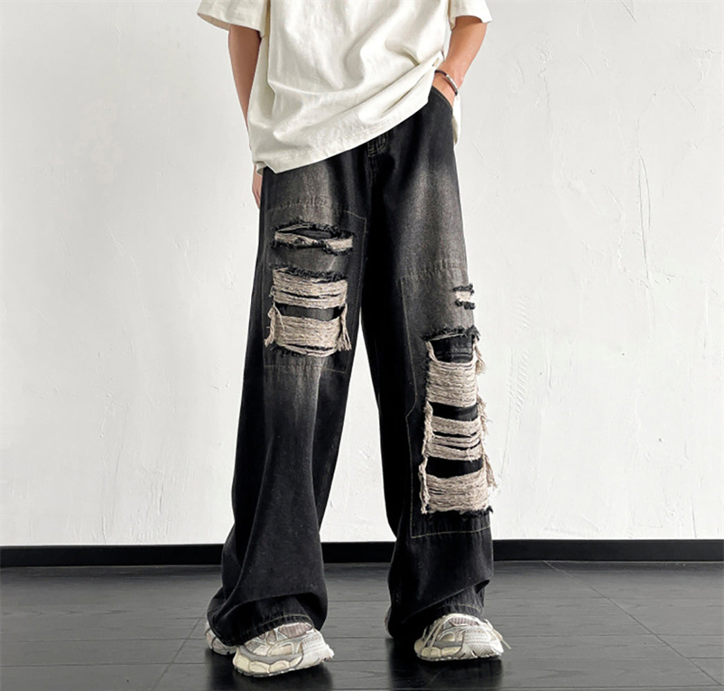 Men Wide Leg Mildly Distressed Light Fade Jeans