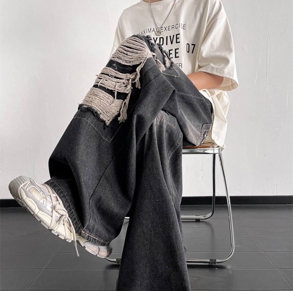 Men Wide Leg Mildly Distressed Light Fade Jeans
