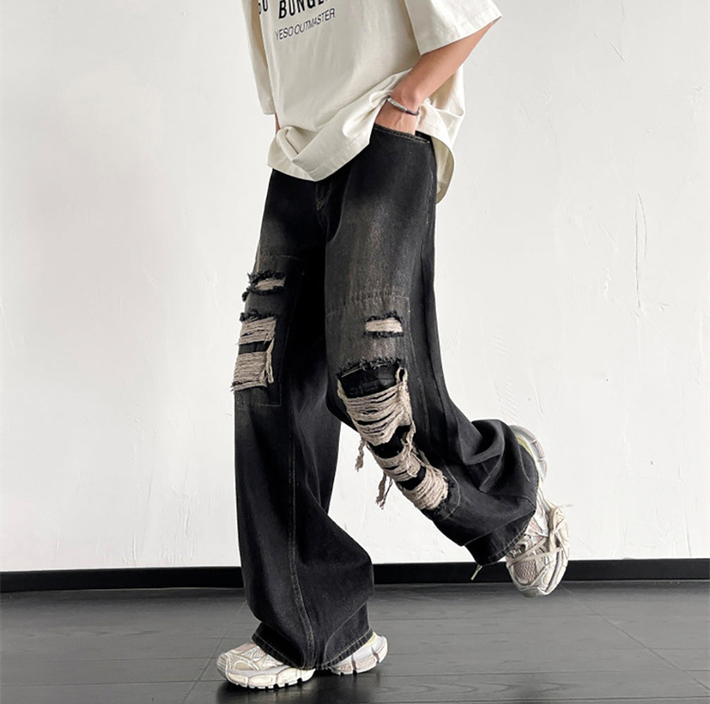 Men Wide Leg Mildly Distressed Light Fade Jeans