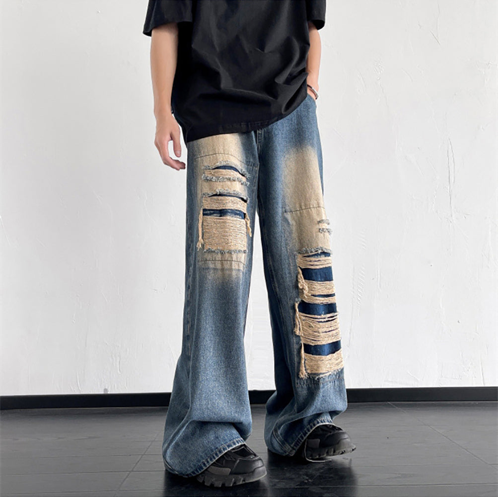 Men Wide Leg Mildly Distressed Medium Fade Jeans