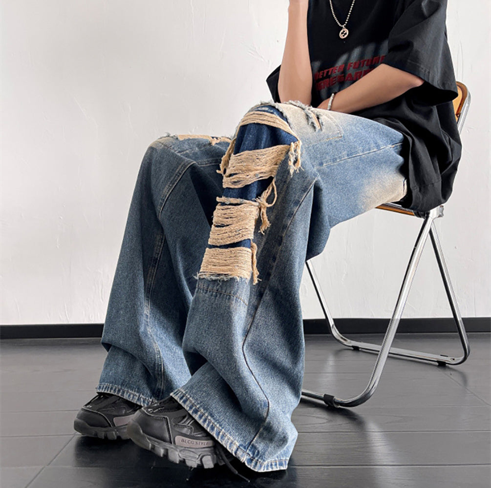 Men Wide Leg Mildly Distressed Medium Fade Jeans