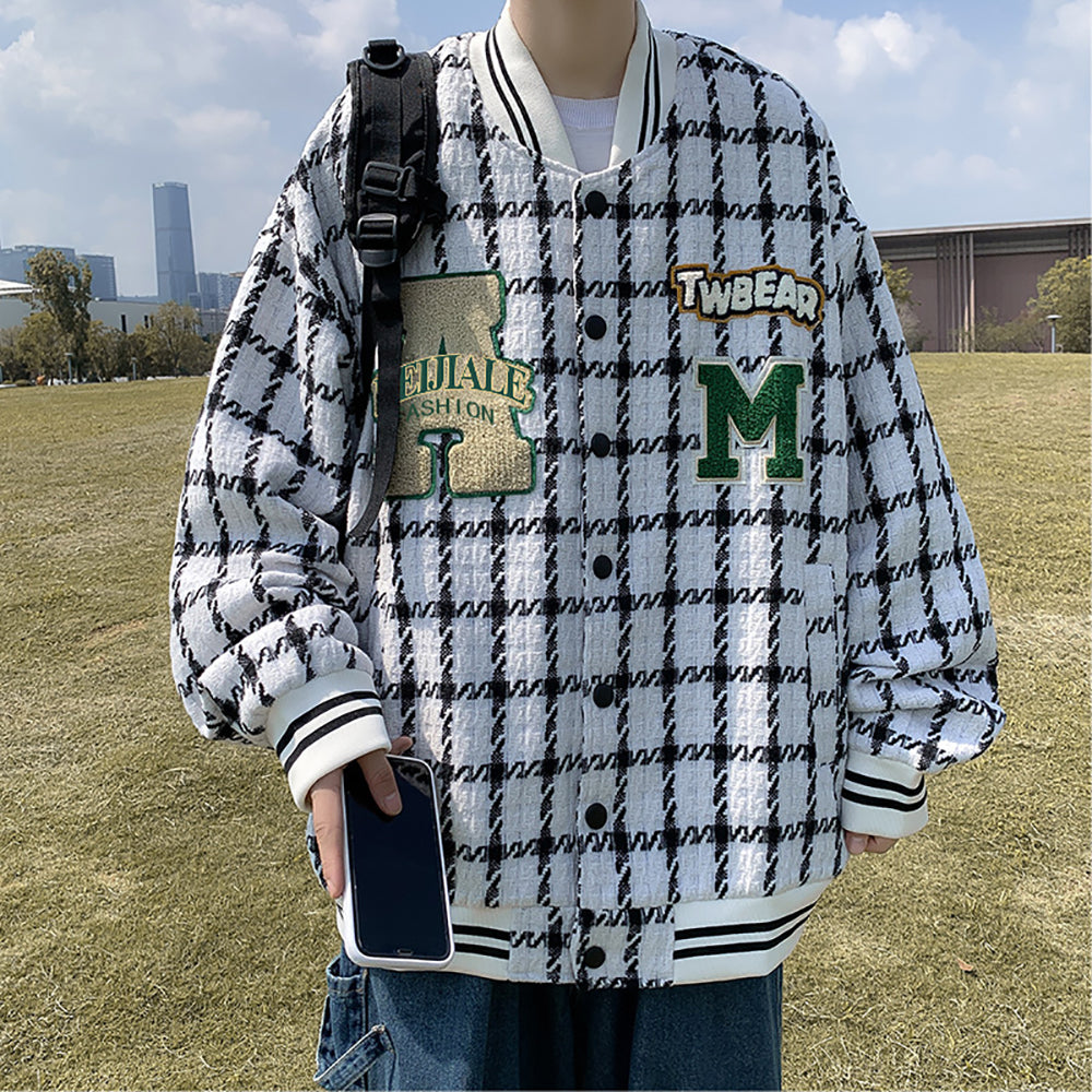 Men Stand Collar Checked Casual Bomber Jacket