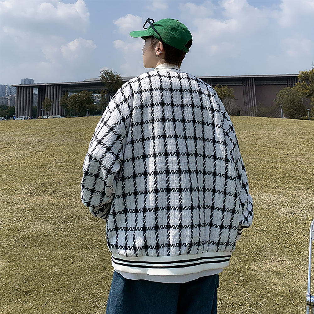 Men Stand Collar Checked Casual Bomber Jacket