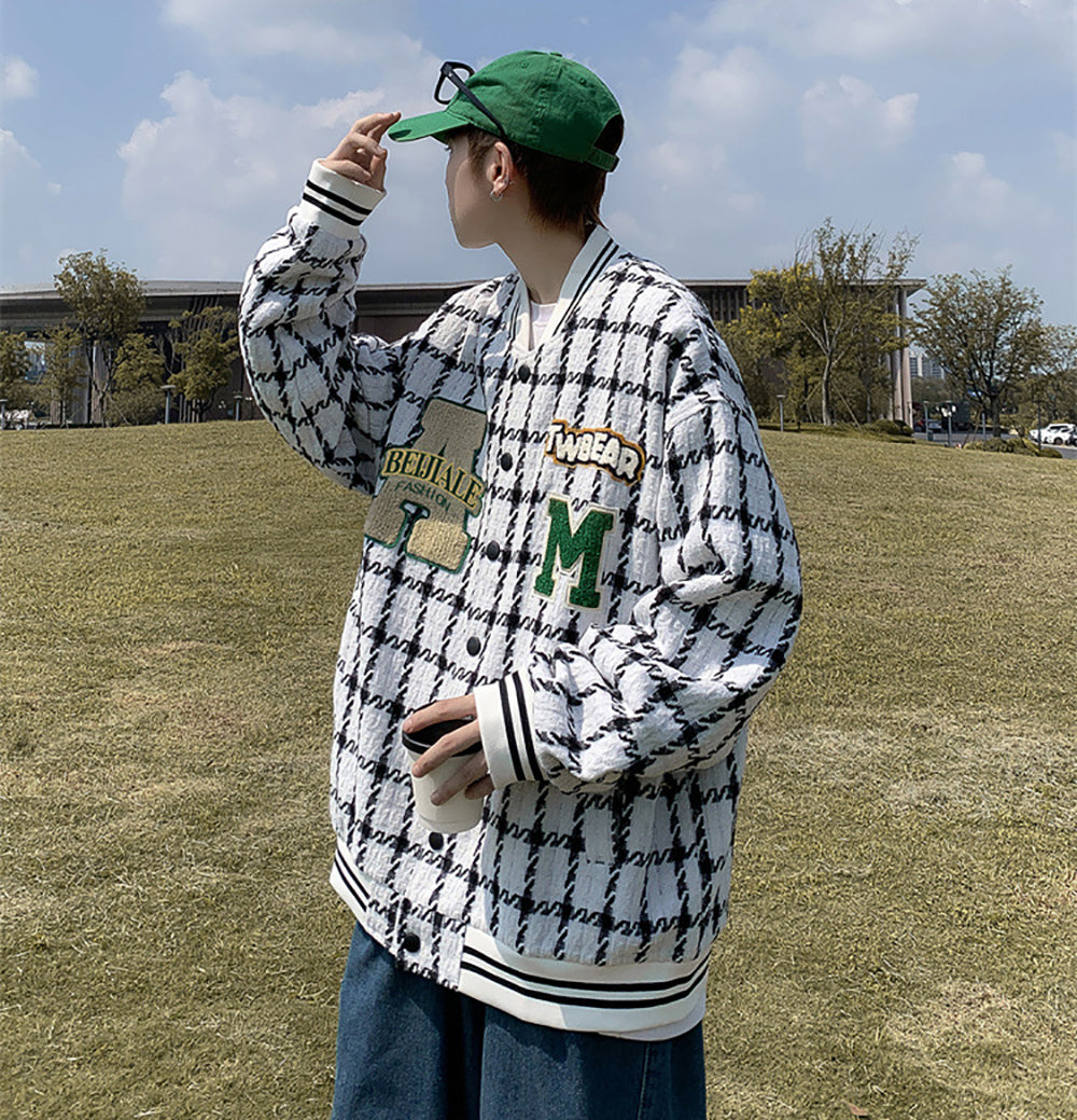 Men Stand Collar Checked Casual Bomber Jacket