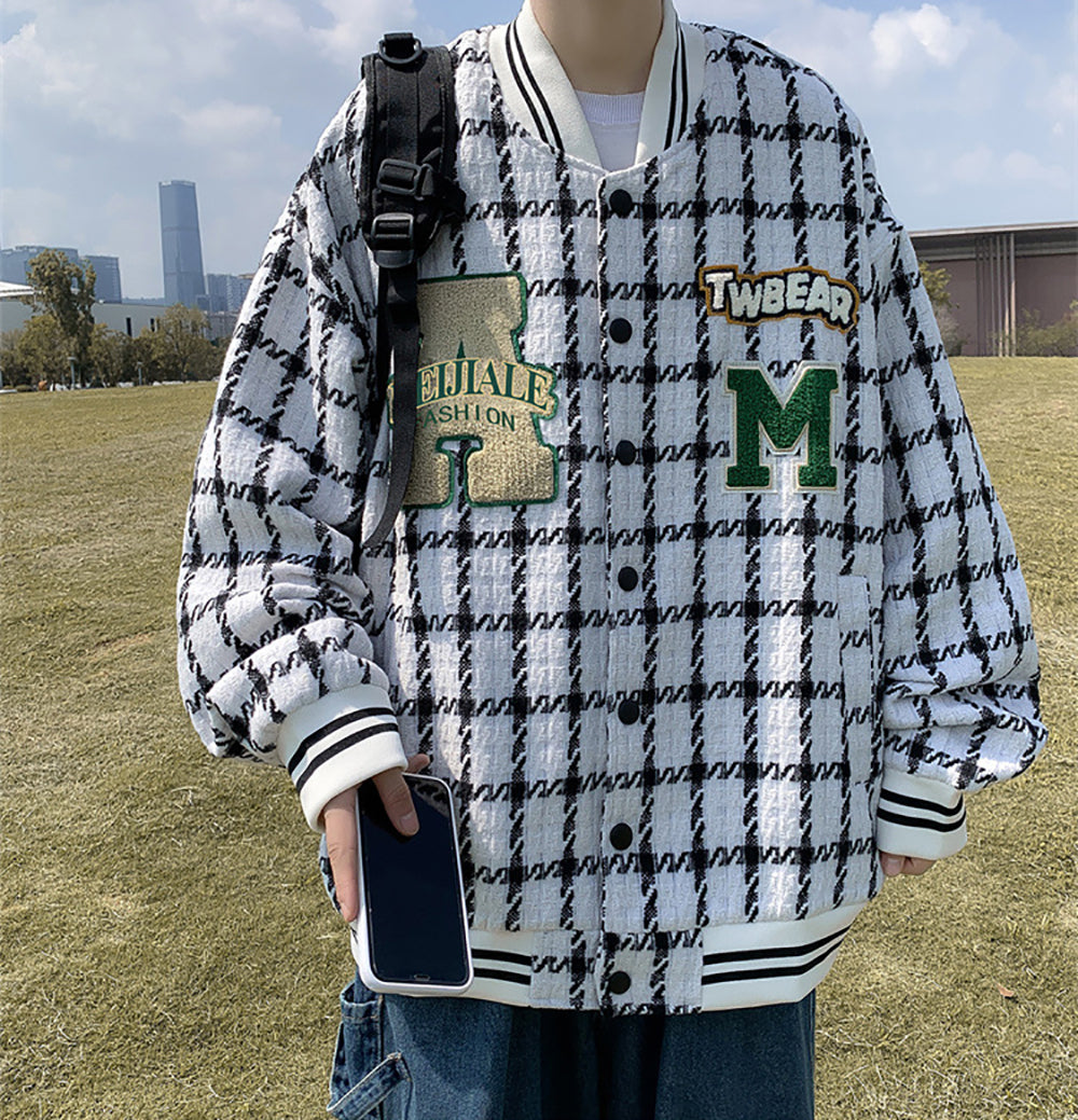 Men Stand Collar Checked Casual Bomber Jacket