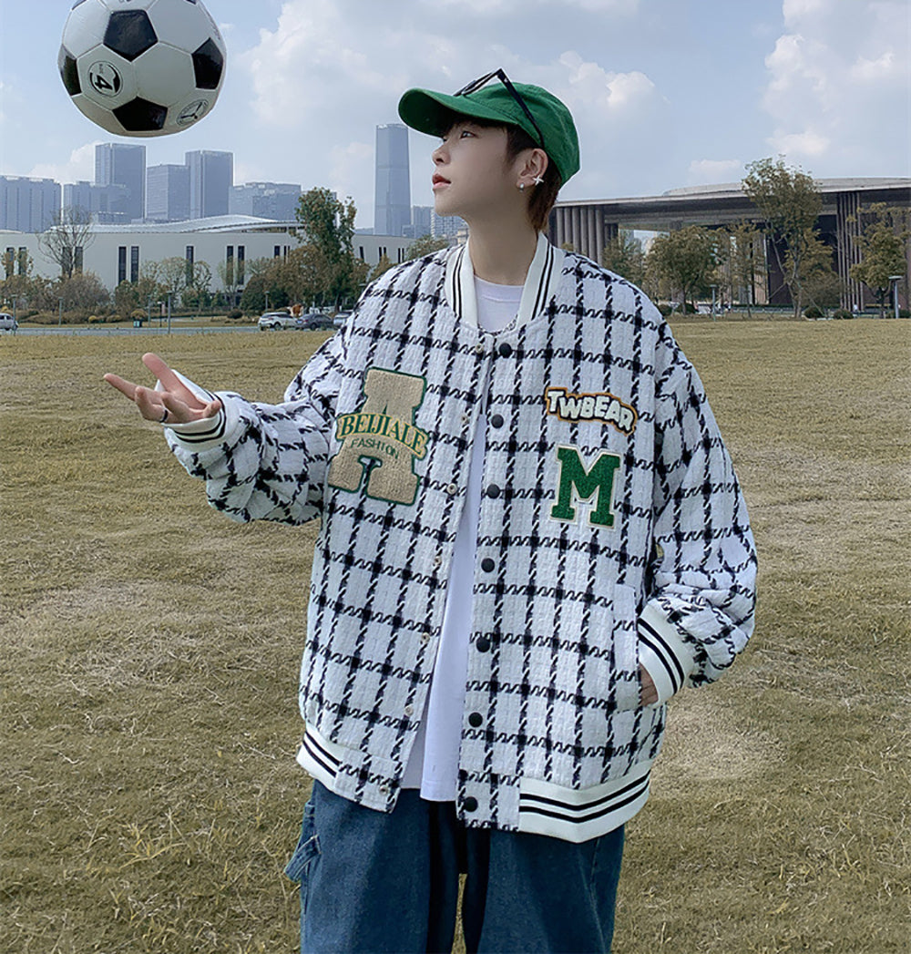 Men Stand Collar Checked Casual Bomber Jacket