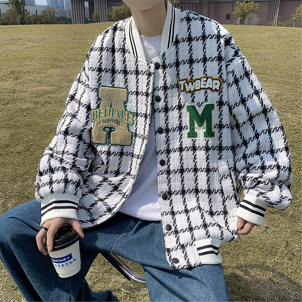 Men Stand Collar Checked Casual Bomber Jacket