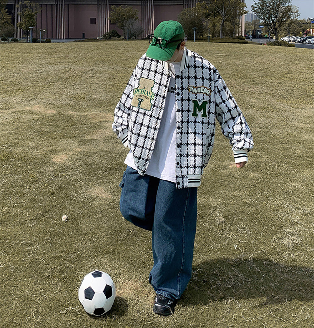 Men Stand Collar Checked Casual Bomber Jacket
