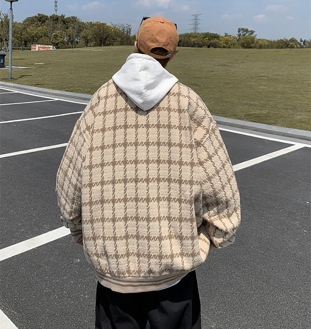 Men Hooded Checked Casual Bomber Jacket