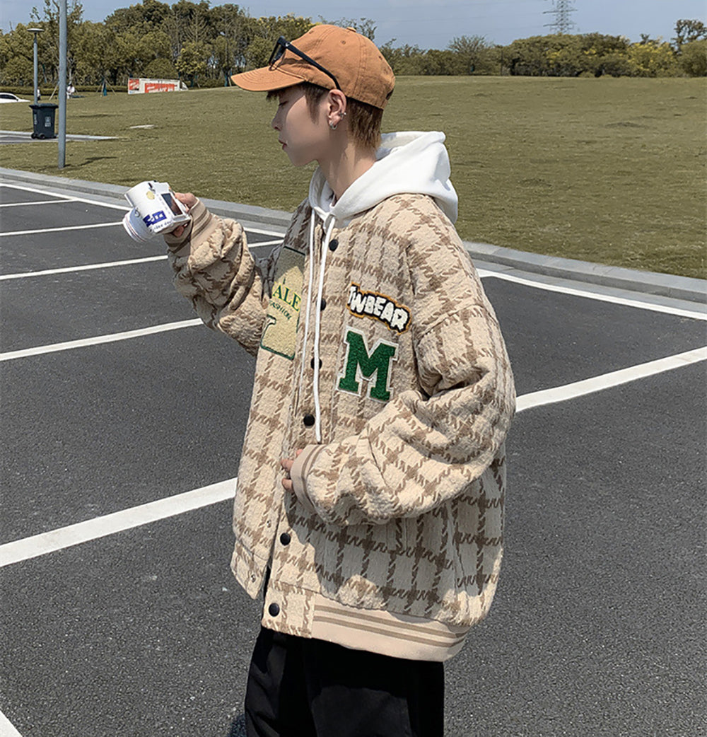 Men Hooded Checked Casual Bomber Jacket