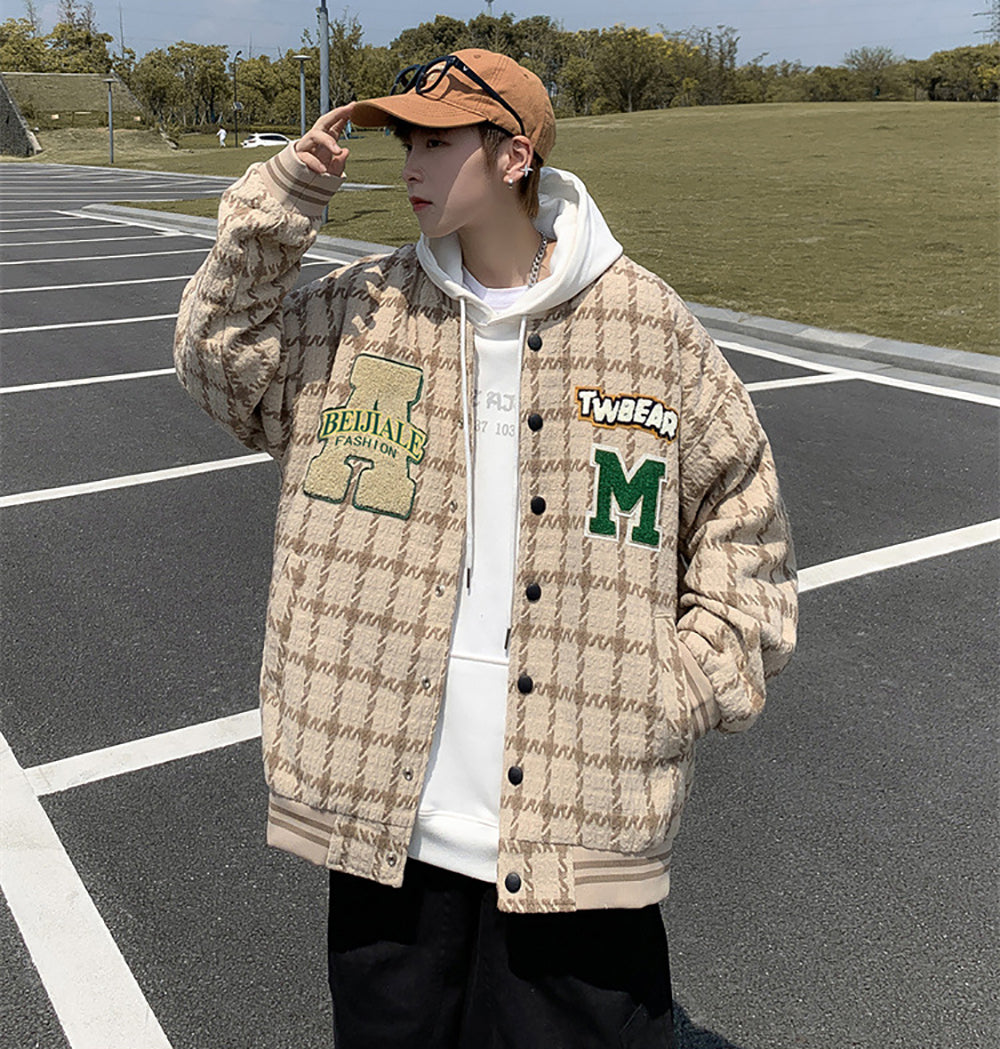 Men Hooded Checked Casual Bomber Jacket