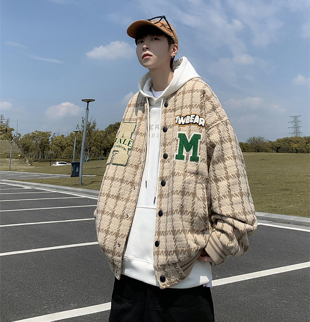 Men Hooded Checked Casual Bomber Jacket