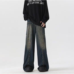 Men Wide Leg Dark Shade Applique Jeans