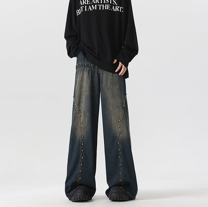 Men Wide Leg Dark Shade Applique Jeans