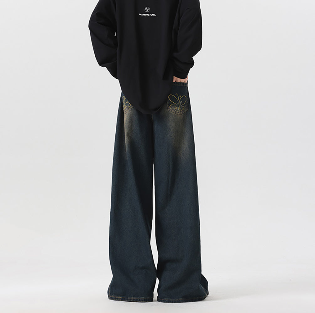 Men Wide Leg Dark Shade Applique Jeans