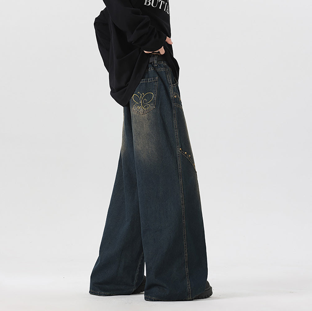 Men Wide Leg Dark Shade Applique Jeans