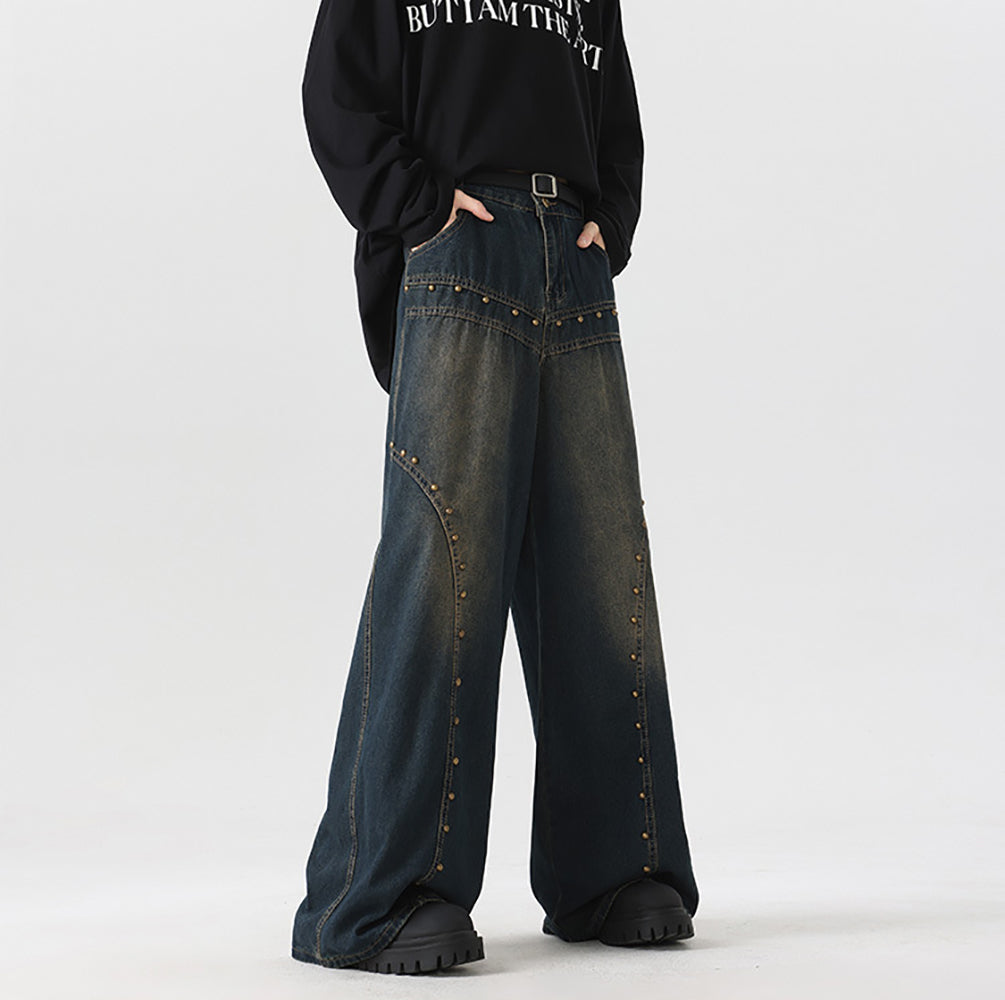 Men Wide Leg Dark Shade Applique Jeans