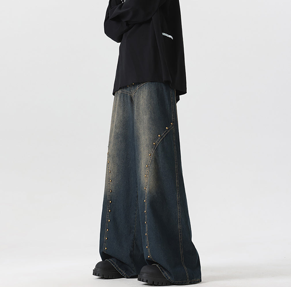 Men Wide Leg Dark Shade Applique Jeans