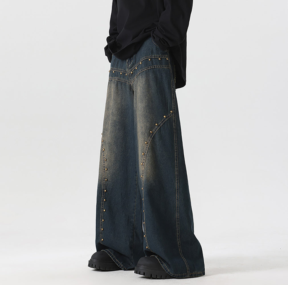 Men Wide Leg Dark Shade Applique Jeans