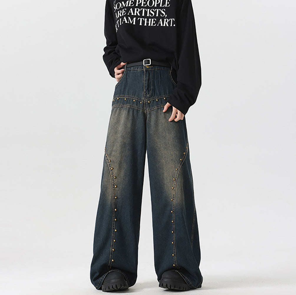 Men Wide Leg Dark Shade Applique Jeans
