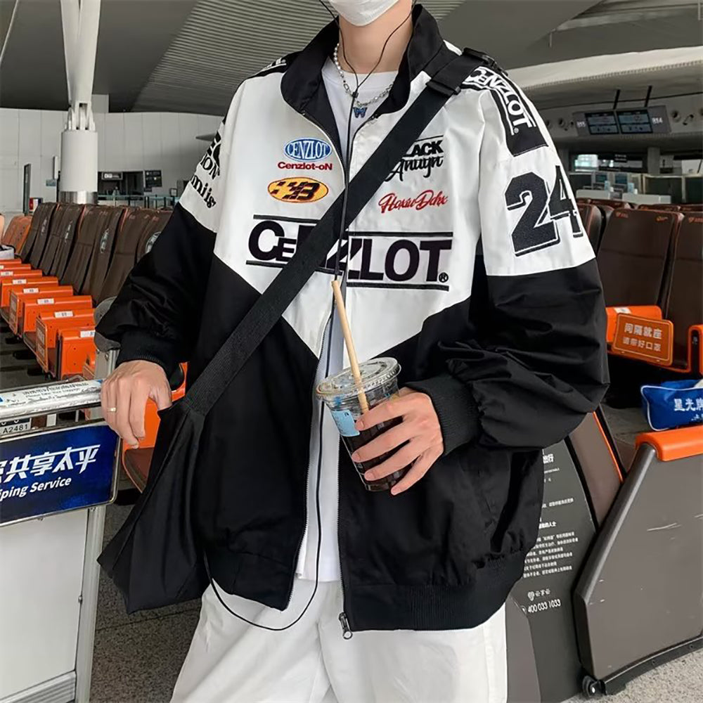 Men Stand Collar Typography Printed Casual Bomber Jacket