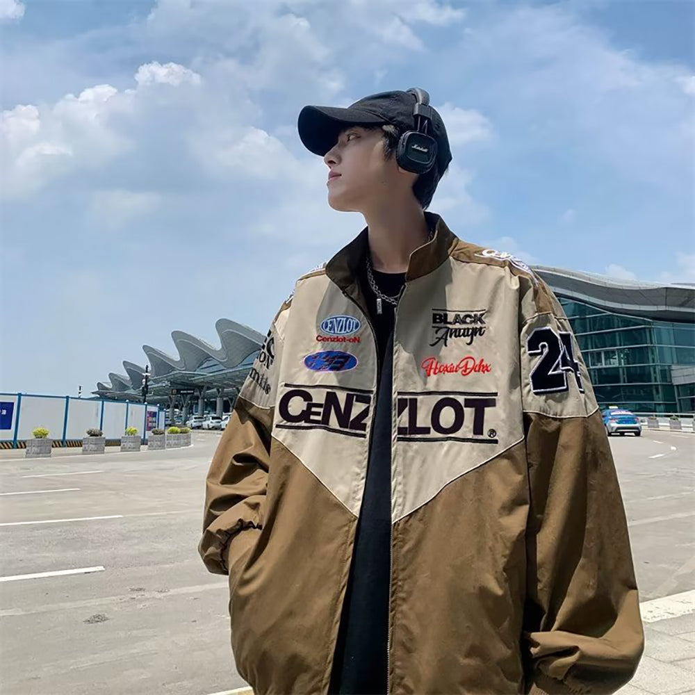 Men Mock Collar Typography Printed Casual Bomber Jacket
