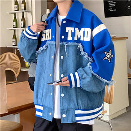 Men Spread Collar Typography Printed Casual Varsity Jacket