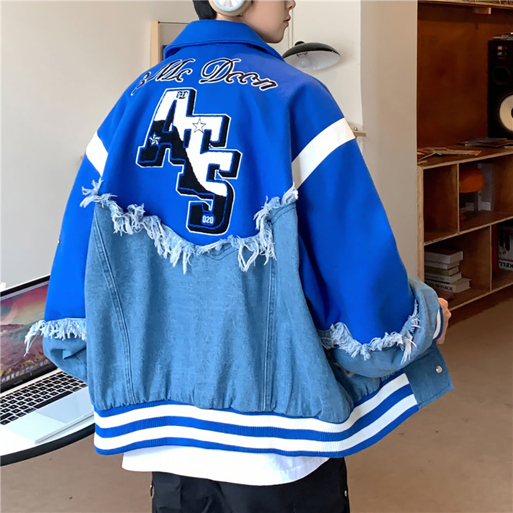 Men Spread Collar Typography Printed Casual Varsity Jacket