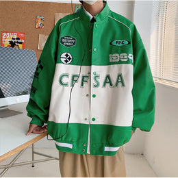 Men Stand Collar Typography Printed Casual Bomber Jacket