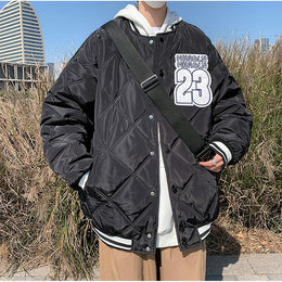 Men Collarless Typography Printed Casual Quilted Jacket