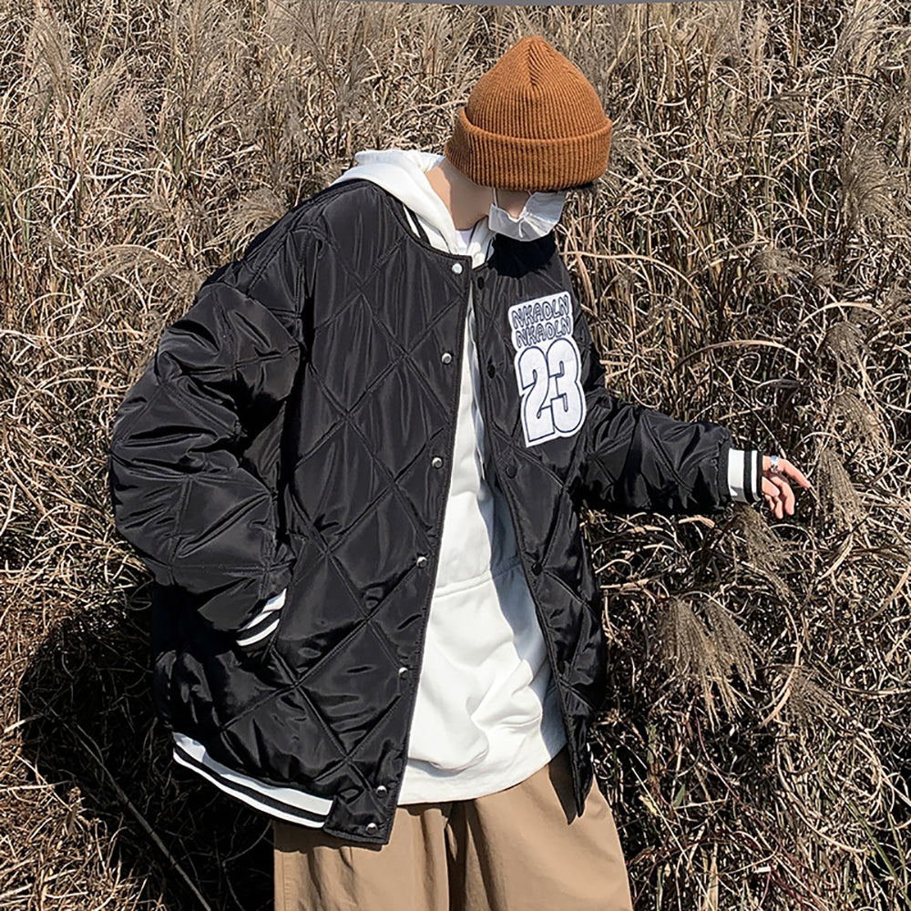 Men Collarless Typography Printed Casual Quilted Jacket