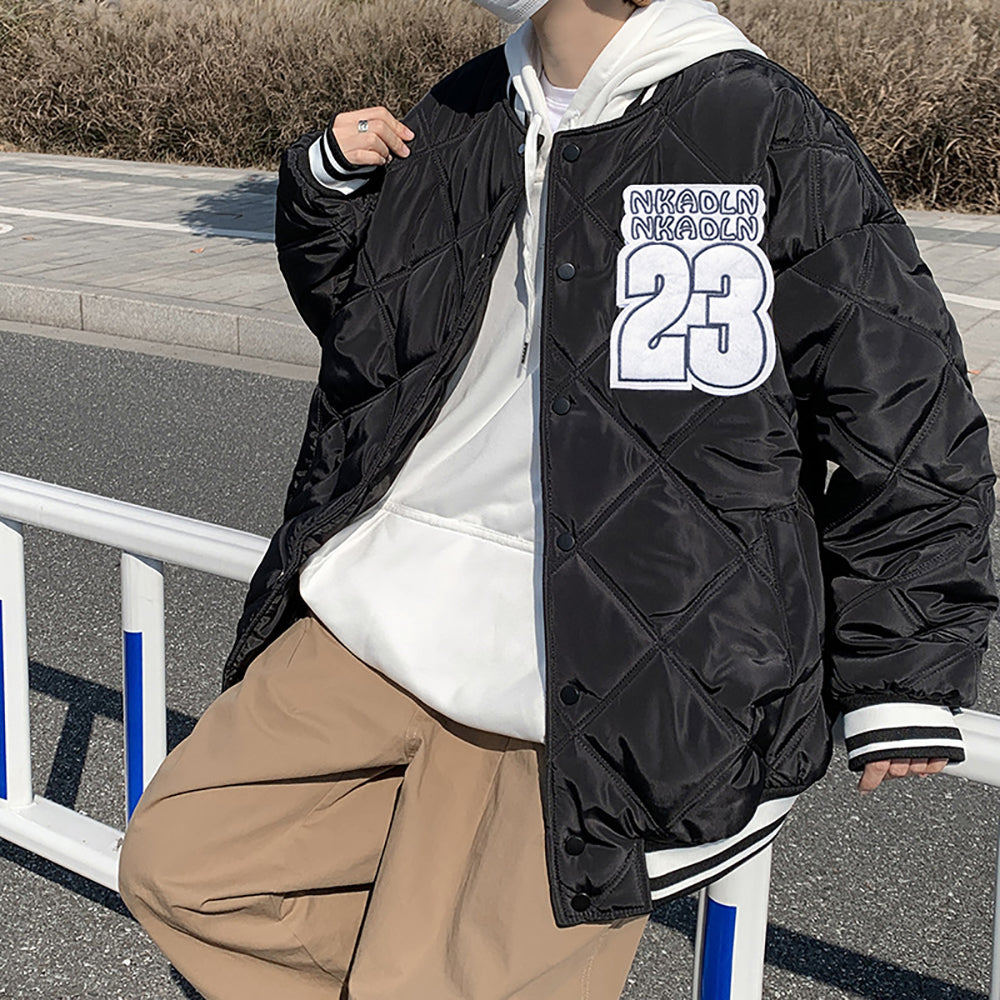 Men Collarless Typography Printed Casual Quilted Jacket