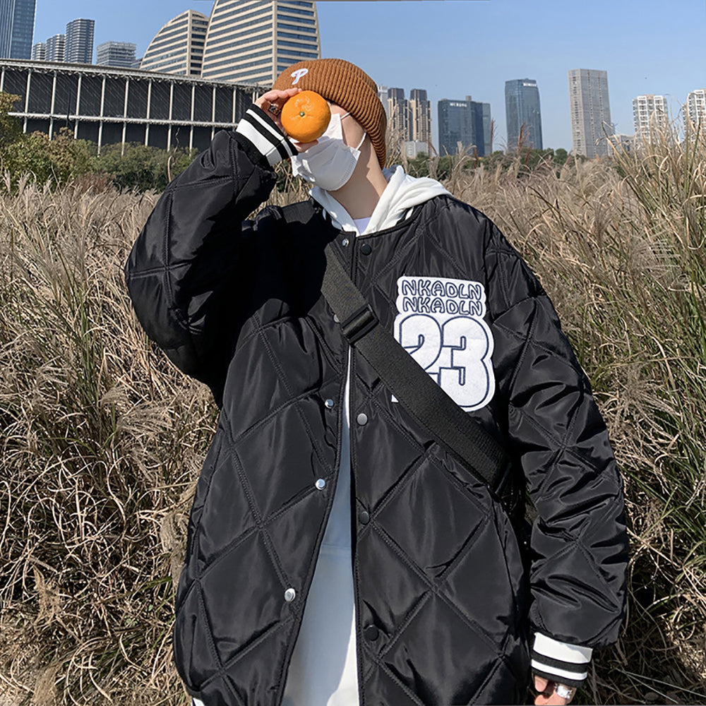 Men Collarless Typography Printed Casual Quilted Jacket