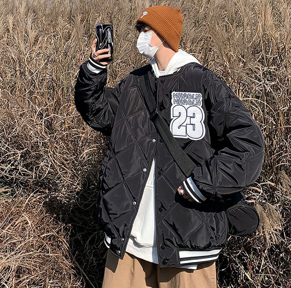 Men Collarless Typography Printed Casual Quilted Jacket