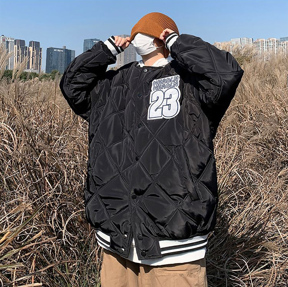 Men Collarless Typography Printed Casual Quilted Jacket