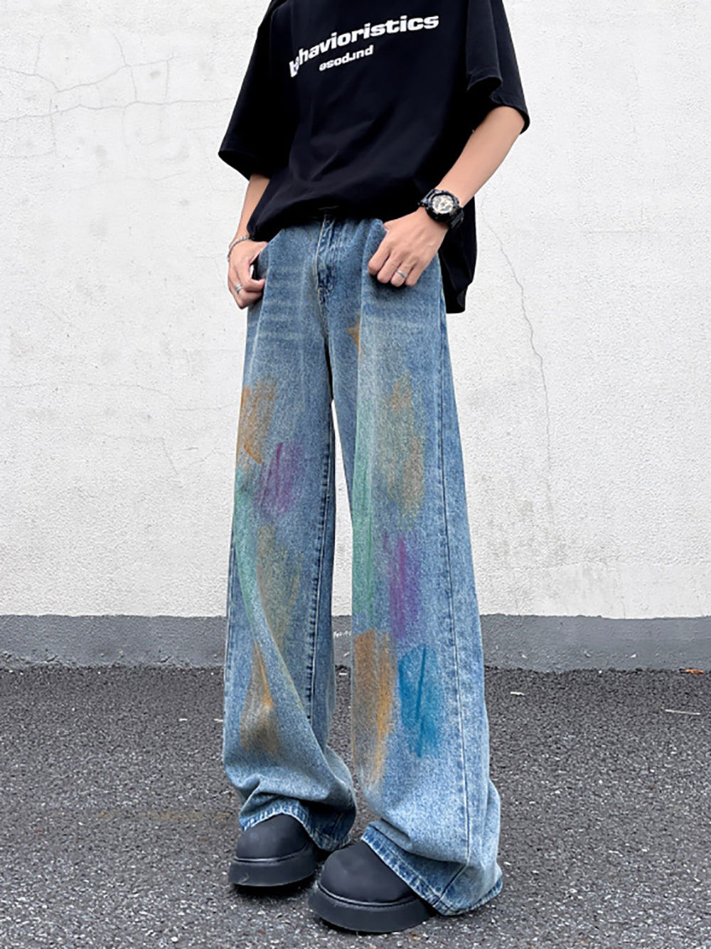 Men Wide Leg Light Fade Jeans