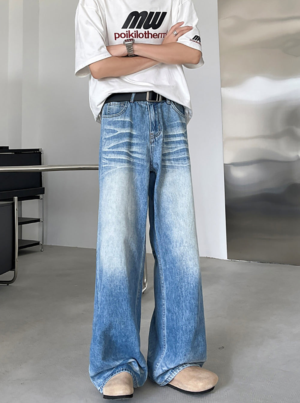 Men Wide Leg Light Fade Jeans