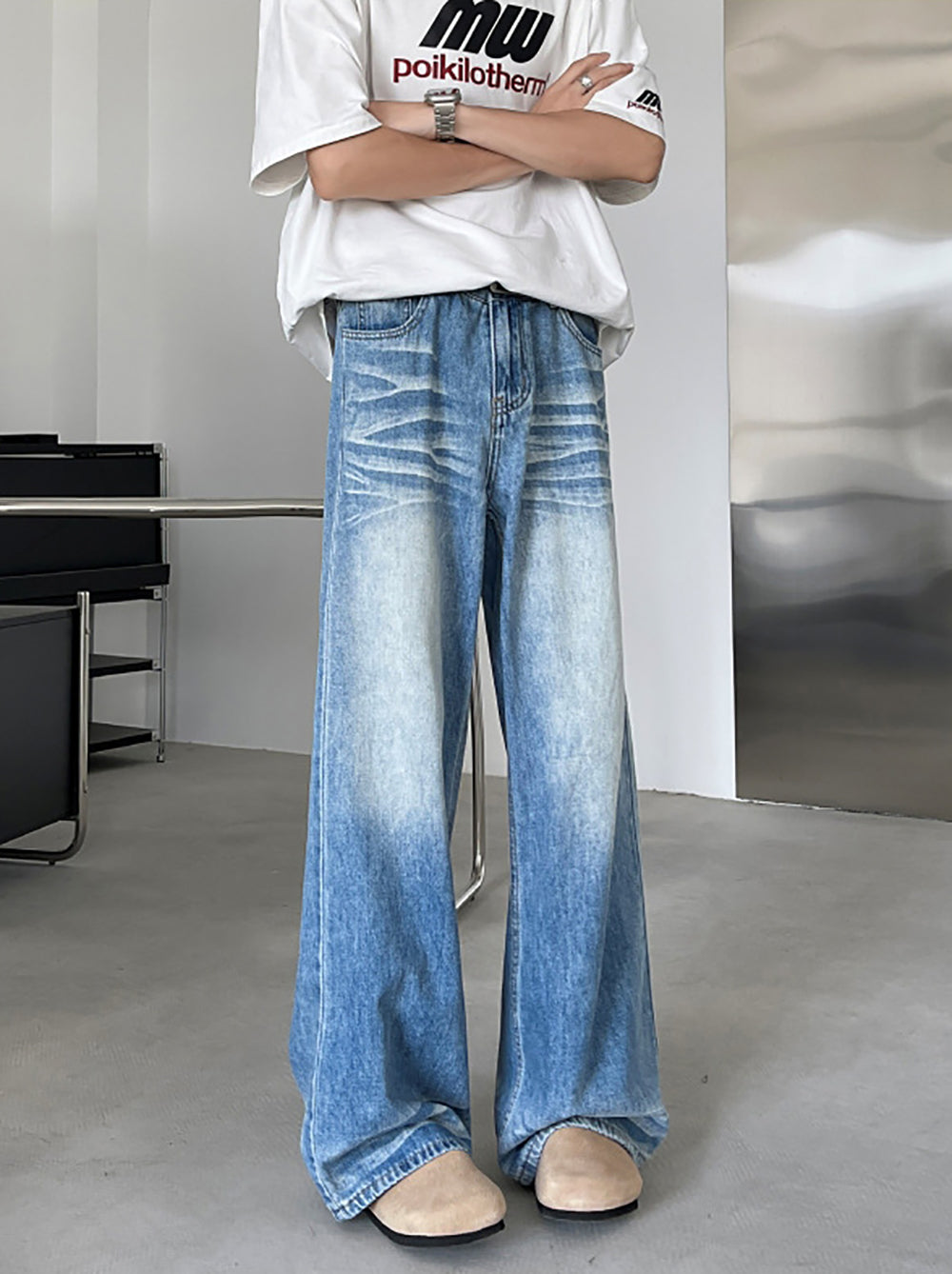 Men Wide Leg Light Fade Jeans