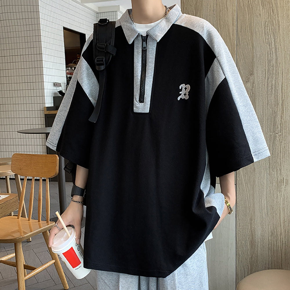 Men Colourblocked Polo Collar Oversized T-shirt