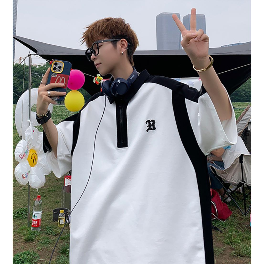 Men Colourblocked Polo Collar Oversized T-shirt